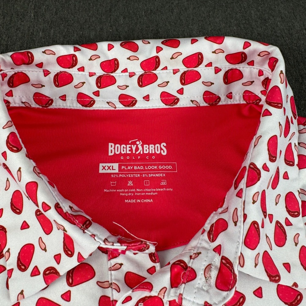 Bogey Bros Golf Co Mens XXL Taco Chili Pepper Print Performance Polo Shirt Pink - Picture 4 of 11